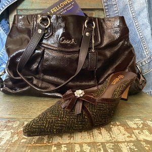 Brighton green tweed chocolate velvet mules 8 1/2M